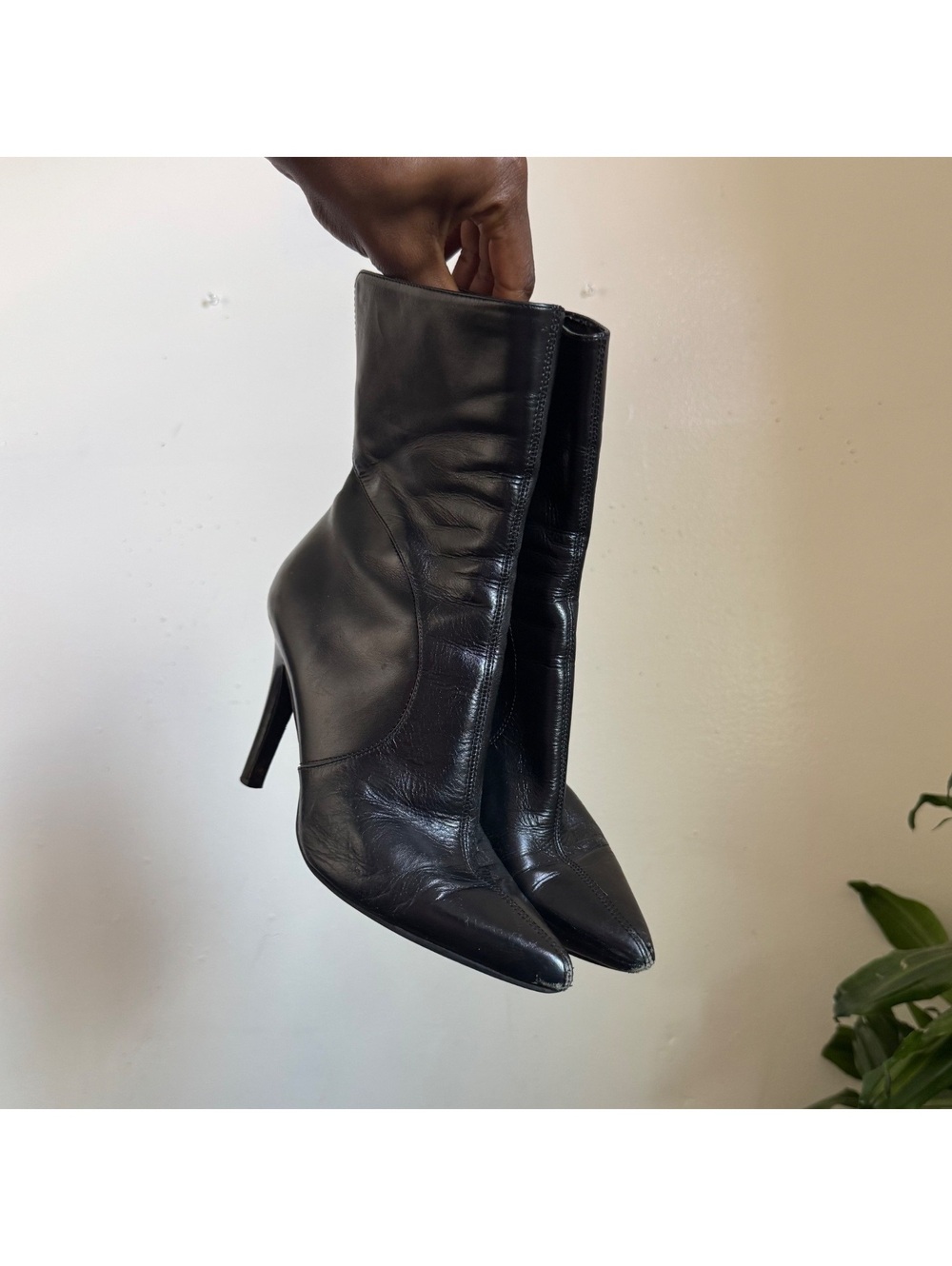 Nine West Vintage Y2K Black Leather Pointed Toe Stiletto Ankle Boots US 6.5M - Picture 3 of 8